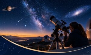 Profesional observando fenómenos cósmicos con un telescopio junto a un observatorio astronómico bajo un cielo estrellado.