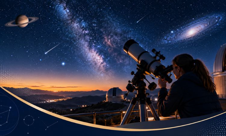 Profesional observando fenómenos cósmicos con un telescopio junto a un observatorio astronómico bajo un cielo estrellado.